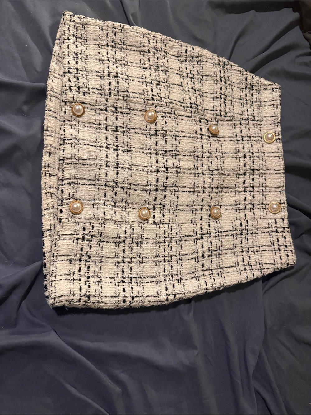 Pearl Button Tweed Mini Skirt in Cream and Black